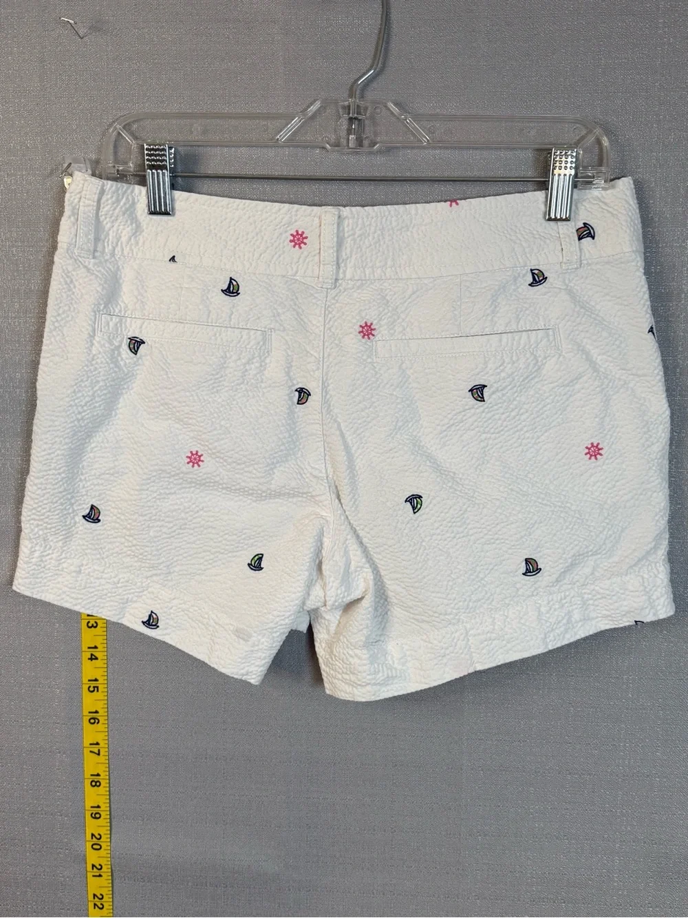 Lilly Pulitzer White Seersucker Shorts with Navy Sailboat & Pink Star Embroidery